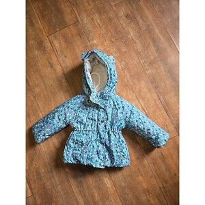 Carters Baby Girl 18 Months Teal Heart Print Puffer Jacket‎ Hooded Winter Coat
